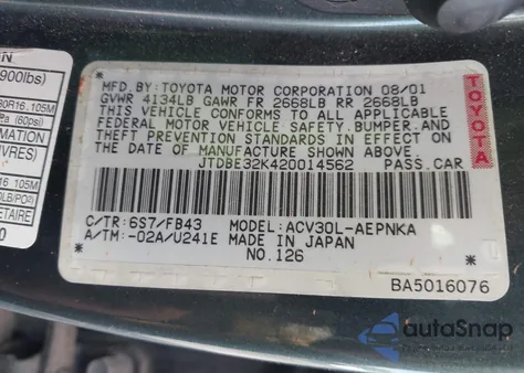 2002 Toyota Camry Le from USA, damaged, VIN JTDBE32K420014562